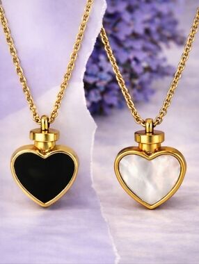 18K Gold Plated Stainless Steel Reversible Heart Necklace Black White Dainty